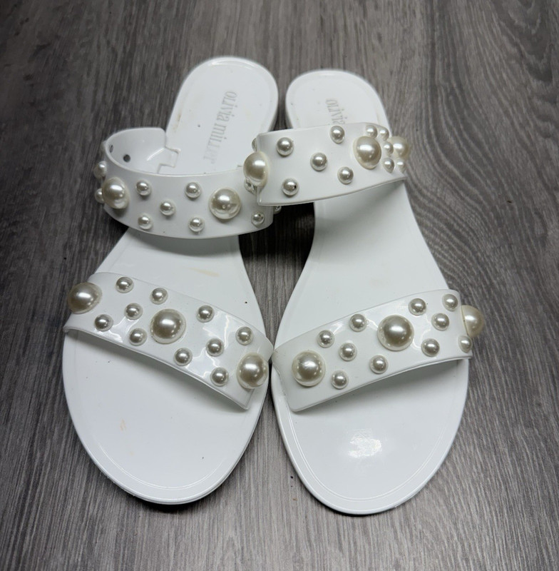 Olivia Miller Pearl Studded White Slide Sandals Women’s US 8.5 Slip On