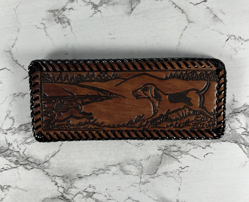 Leather Bifold Wallet Hand Tooled Embossed Hunting Dog Rabbit Stitching On Edge