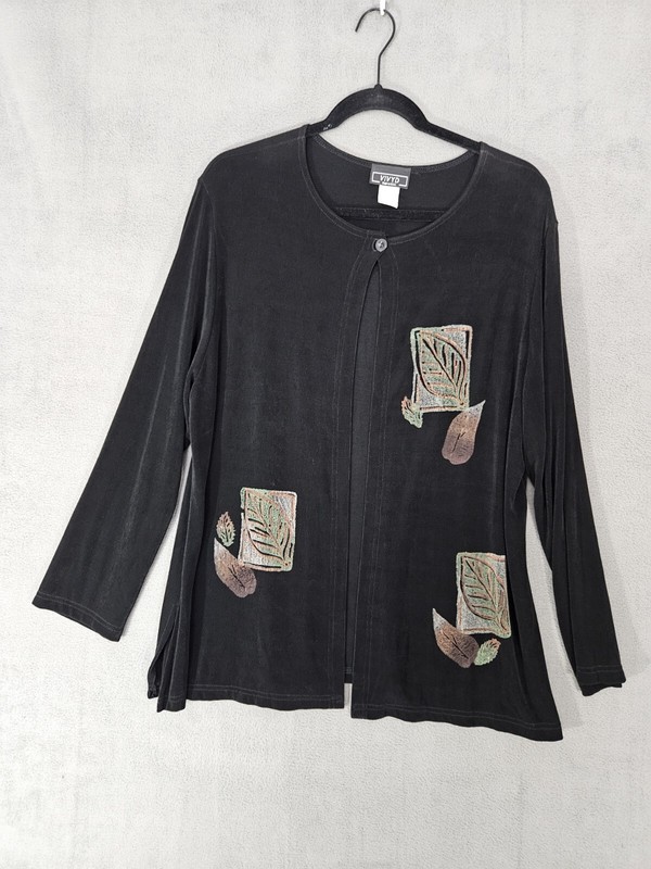Vintage Vivyd Womens Artwear Cardigan Shirt Small Black Handpainted Rib Boho