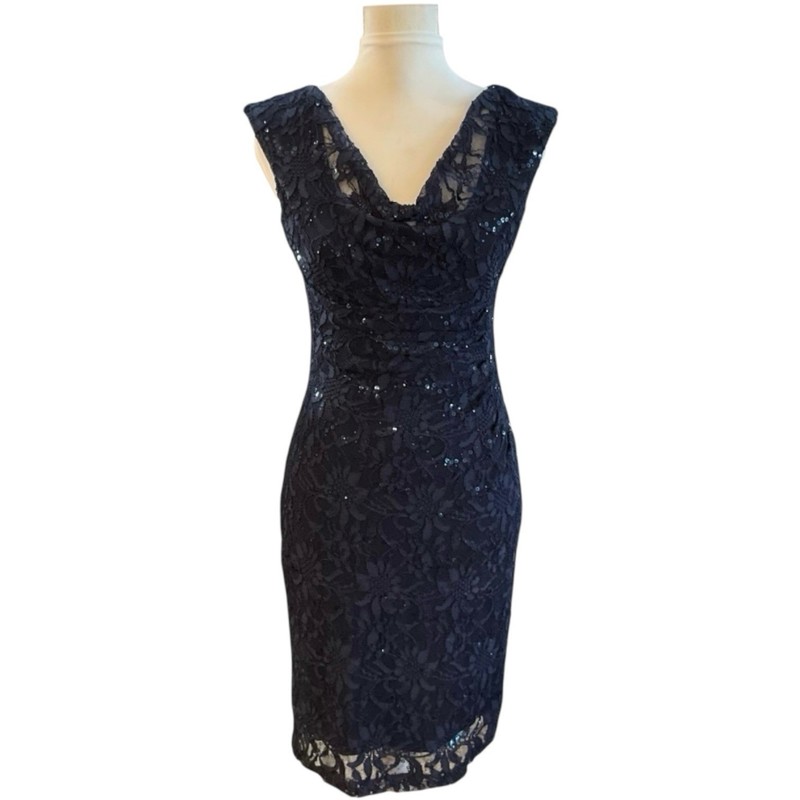 Lauren Ralph Lauren Sequin Lace Cowl Neck Dress 4 Navy Blue Ruched Sheath Party