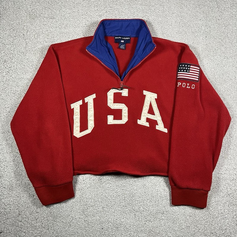 Polo Sport Ralph Lauren Pullover Mens L Red Made USA Flag Fleece Cropped Olympic