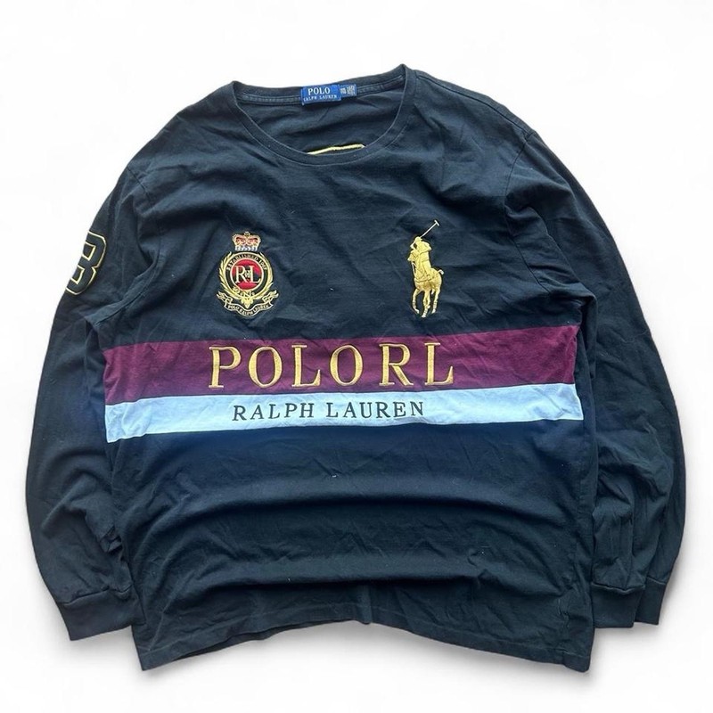 Y2K Polo Ralph Lauren Big Pony Crest Embroidered Black Long-sleeve Shirt 2XL