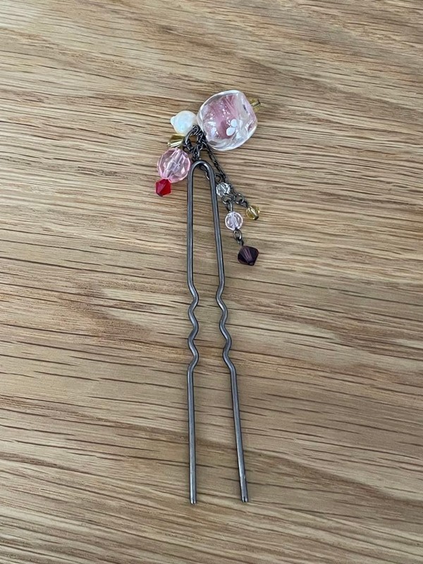 Beaded Kanzashi Hair Ornament Pink Red Glass Flower Metal Jewelry