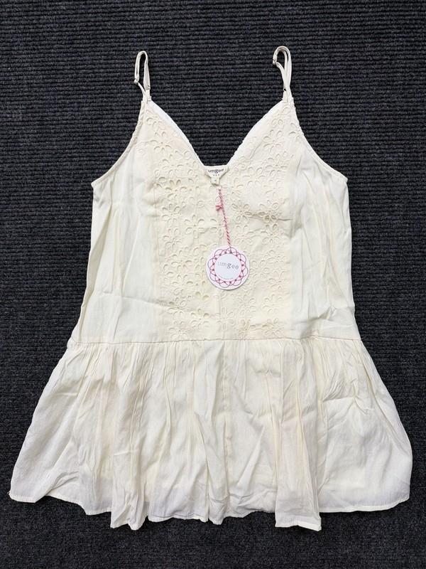 Umgee Womens Medium Ivory Eyelet Embroidered Babydoll Mini Dress Spaghetti Strap
