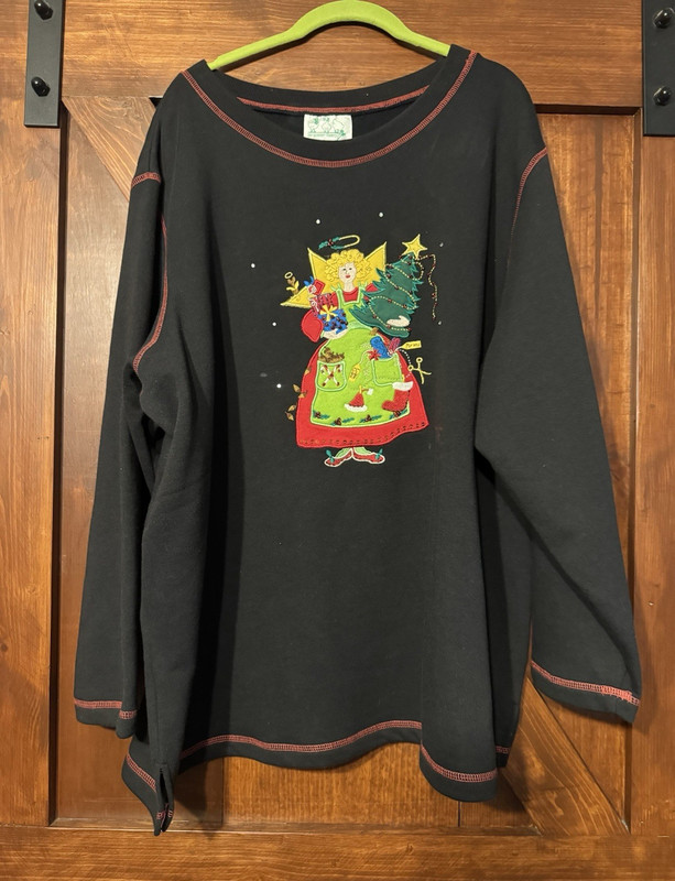The Quacker Factory 3X Black Christmas Pullover Sweatshirt Embroidered Angel