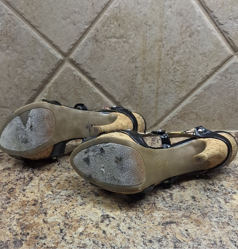 Guess Black Patterned Slingback Cork Stilettos Size 6.5 Gently Worn gallery