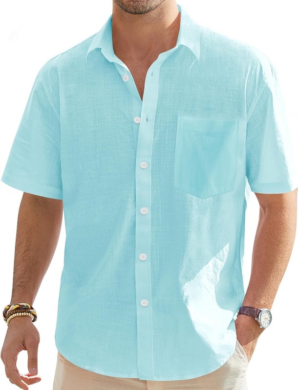 Men’s Cotton Linen Short Sleeve Button Down Shirt Breathable Casual Lightweight