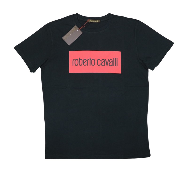 Roberto Cavalli Graphic Print Logo Short Sleeve Crew Neck Mens T-Shirt NWT Black