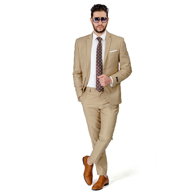 Tan Beige Slim Fit Men Suit 2 Button Notch Lapel Azar Man Vest Optional 4030-10 gallery