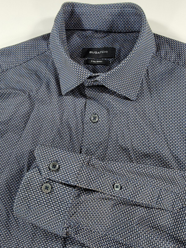 Bugatchi Tech 8 Way Stretch Button Shirt Men Large Long Sleeve Blue Mirco Dot