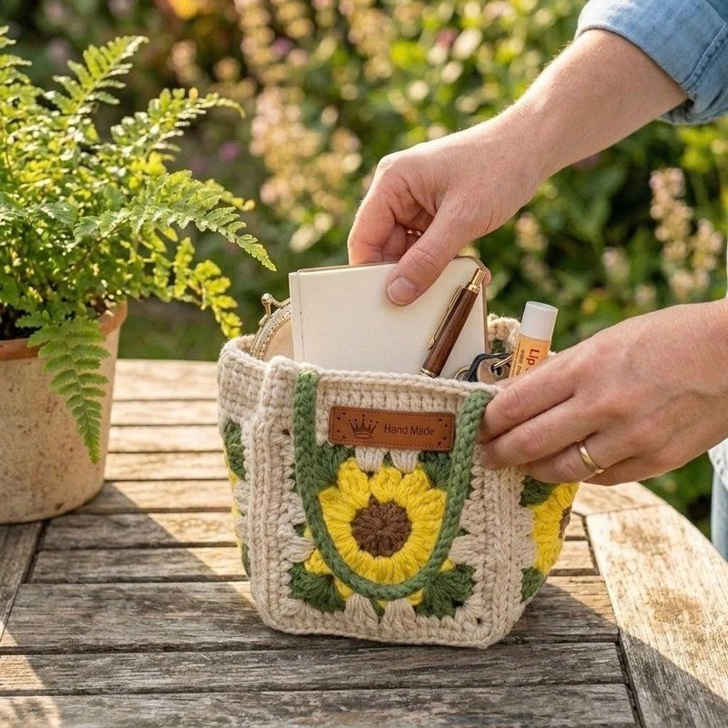 Handmade Sunflower Crochet Mini Tote Bag, Granny Square Knit Handbag for Women