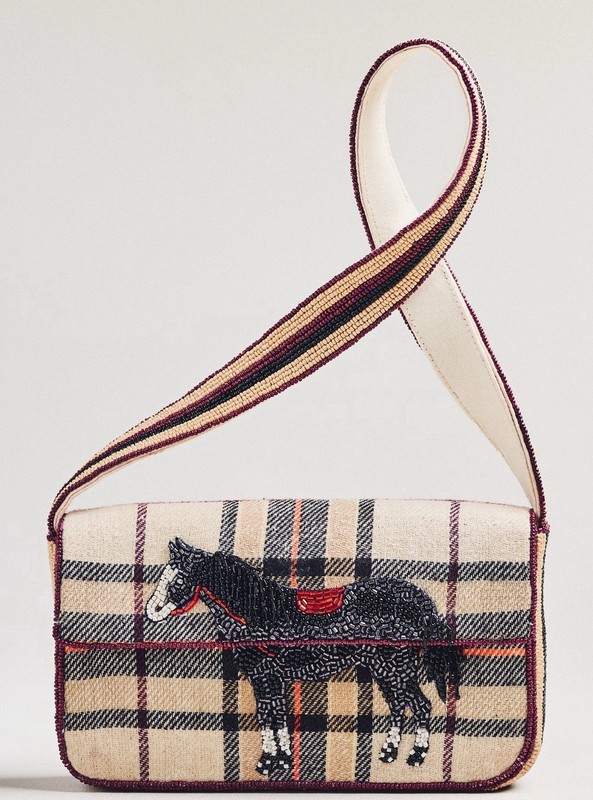 Anthropologie The Fiona Beaded Bag: Animal Edition Horse Plaid Riding Equestrian
