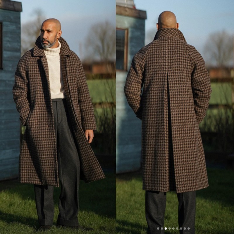 Brown Houndstooth Men’s Overcoat Formal Business Outdoor Casual Warm Long Coat