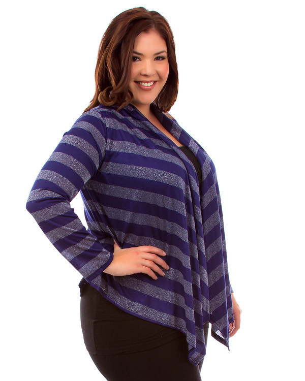 Womens XL/1X,2XL,3XL Nay Blue & Silver Stripe Lace Back Open Front Cardigan gallery