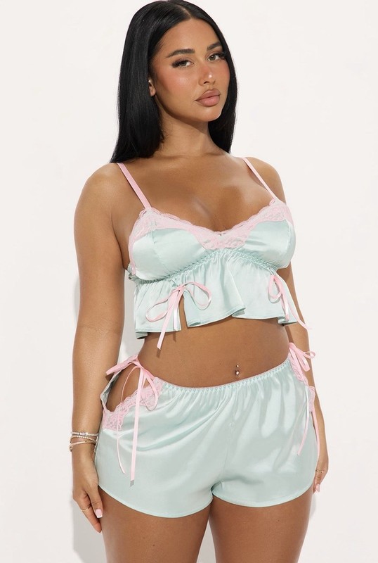 Fashion Nova Women’s M Satin Lace Cami & Shorts Pajama Set Mint Green Pink