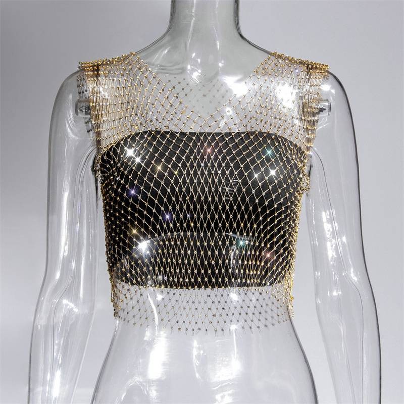 Summer Rhinestones Backless Leqoel Sexy Mesh Fashion See Through Tank Hollow gallery