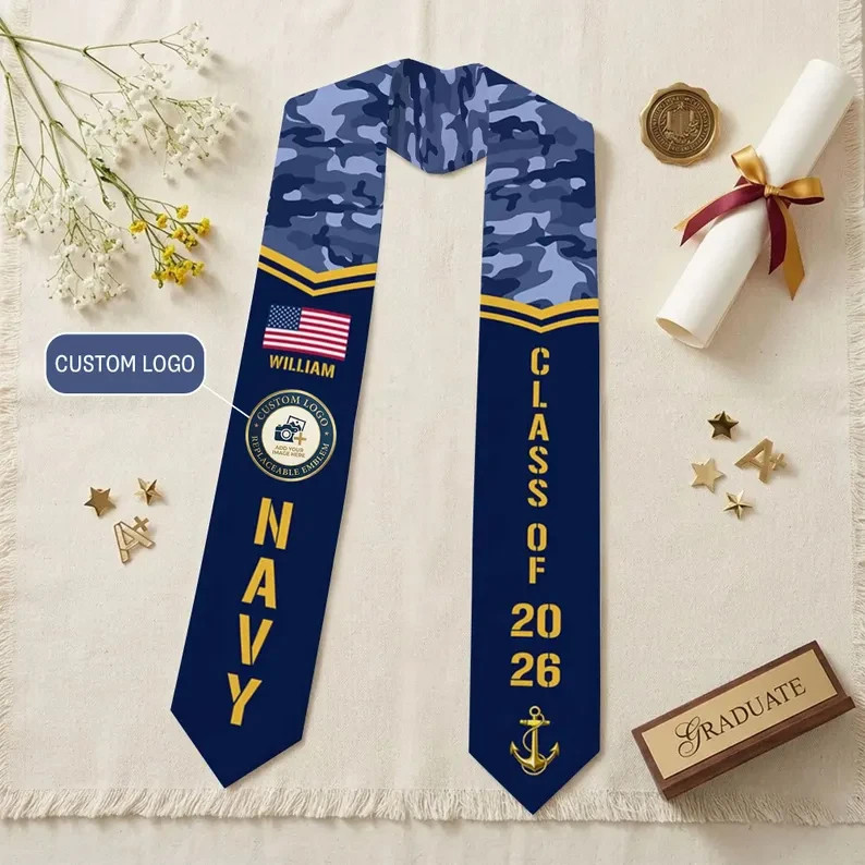 Personalized Navy Veteran Stole, Custom Logo, Custom US Navy Tribute Graduation gallery