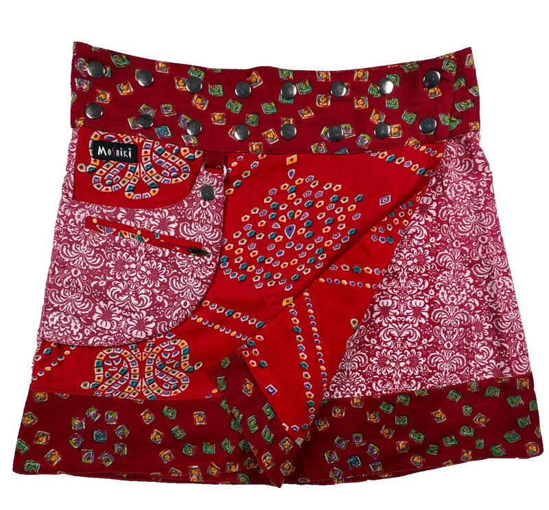 Moshiki Reversible Wrap Mini Skirt Adjustable Snap Waist Pocket Red Boho Print