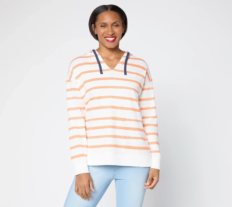 Belle by Kim Gravel Stripe French Terry Hoodie Pullover Beach Casual Top