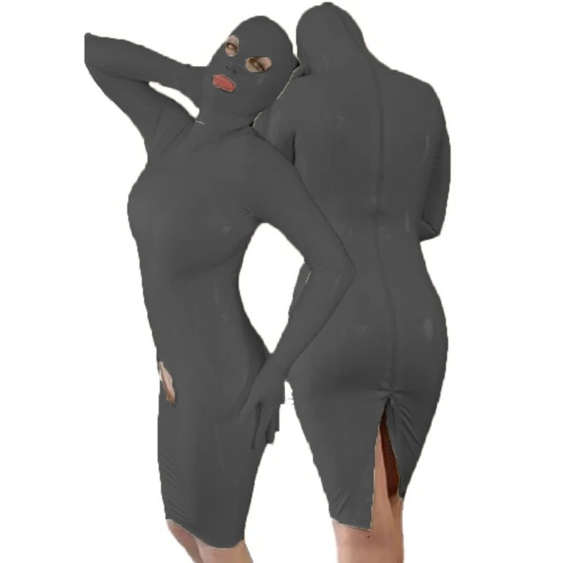 Masked Hooded Long Slevees Dress PVC Leather Dress with Zipper Cosplay Costume gallery