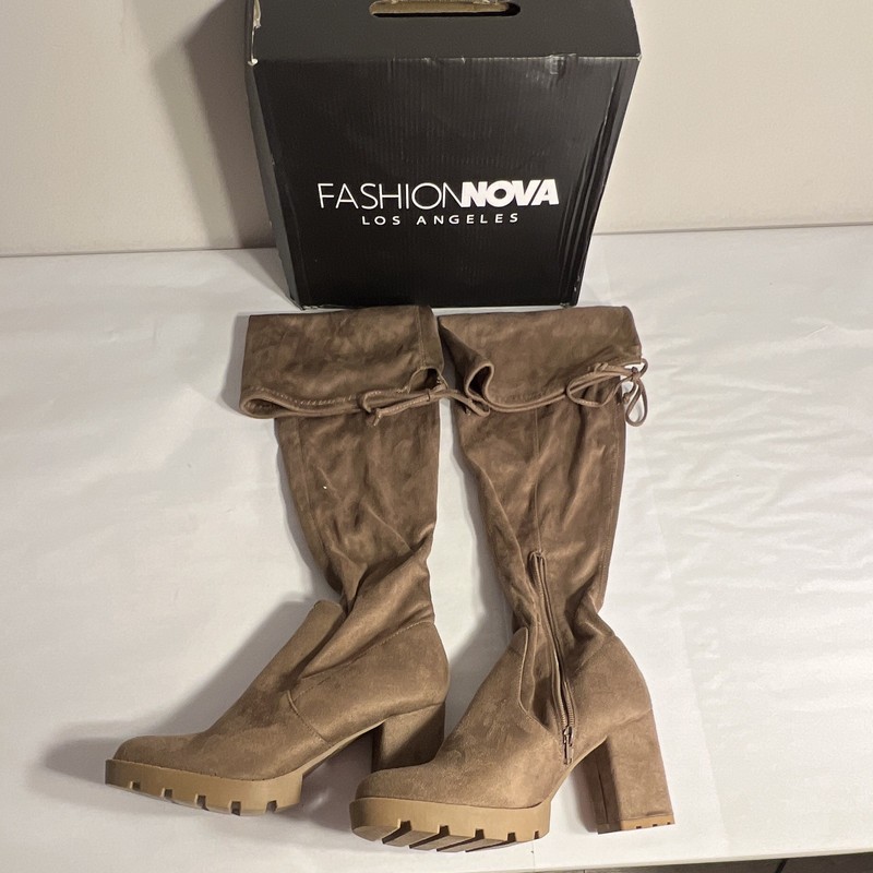 Fashion Nova Gossip-09 Taupe Suede Platform Knee High Boots Wide Calf Zip 10