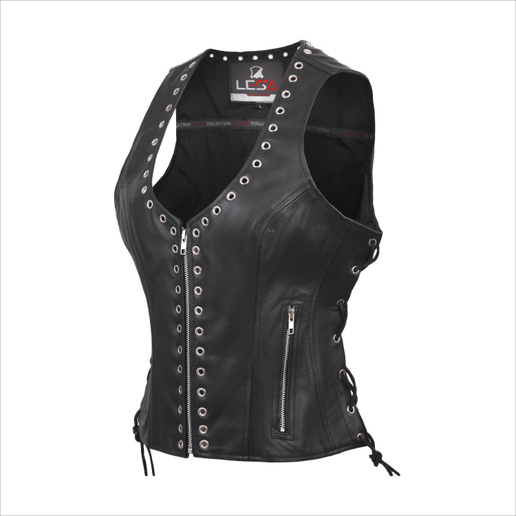 Lesa Collection Women’s Black Leather Biker Vest Side Laces & Rivet Design