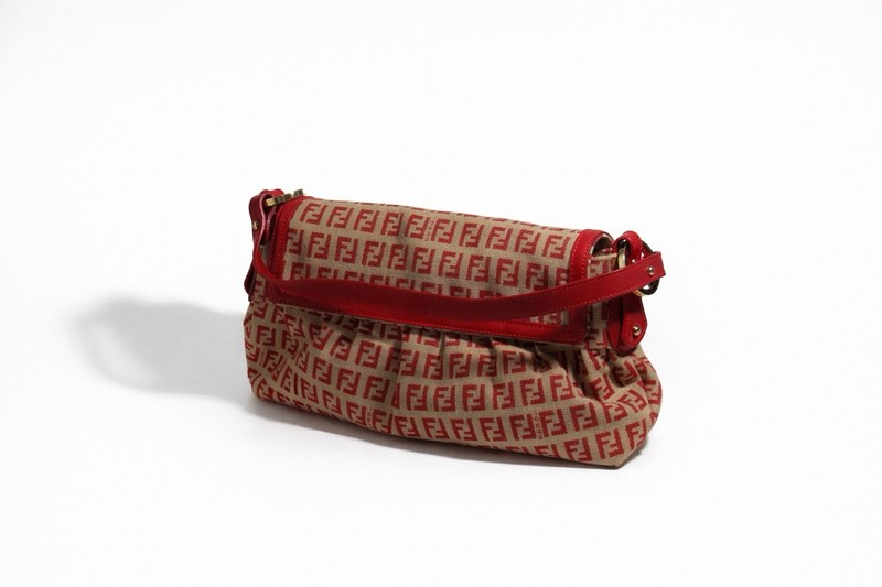 Fendi Beige/Red Monogram Flap Shoulder Bag Magnetic Closure Gold Hardware gallery