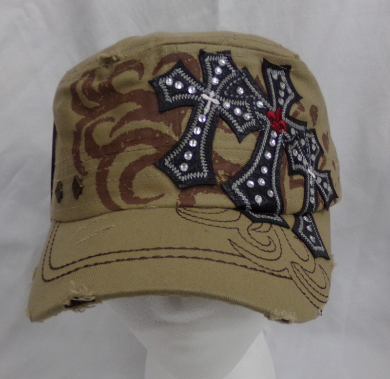 Leader of Generation Apparel Khaki Distressed Women’s Cap With Bling Cross NEW