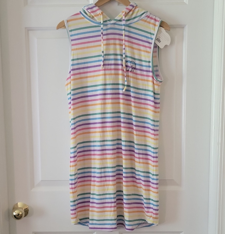 Ivory Ella Multicolor Striped Knit Hoodie Dress Sleeveless Elephant Logo L