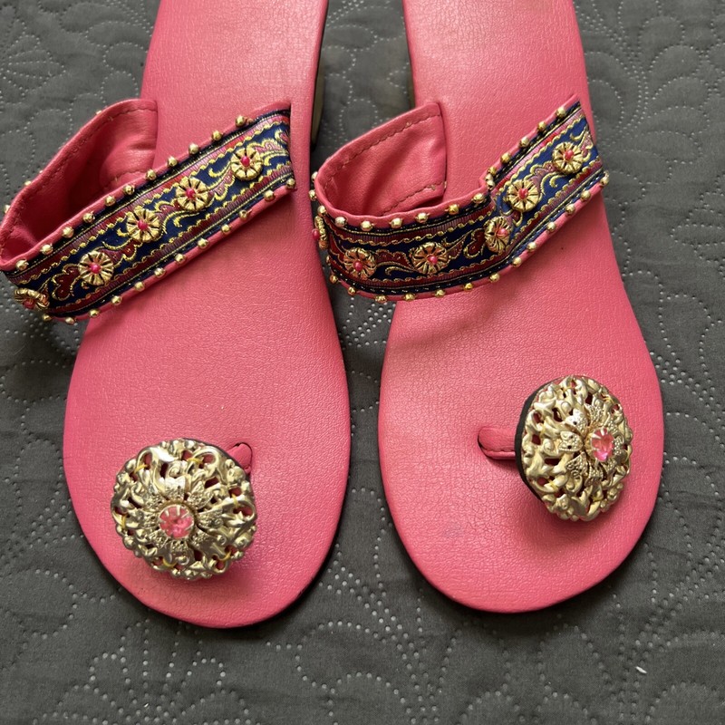 Exclusive Ethnic Fuchsia Handcrafted Bejeweled Sandals SZ 9 Made in Pakistan gallery