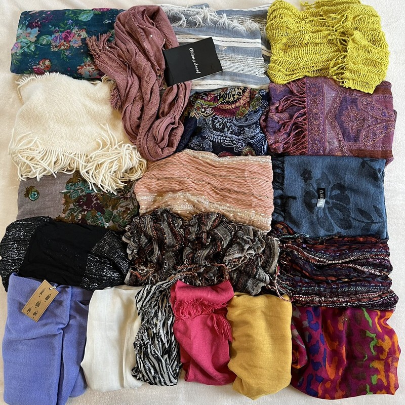 Scarf Lot Of 19 Scarves Mixed Materials Variety Styles Vintage to Now & Hangers