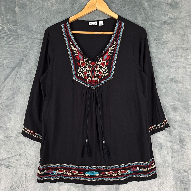 Womens Top Medium Boho Peasant Embroidered Floral Hippie Retro Festival Tunic