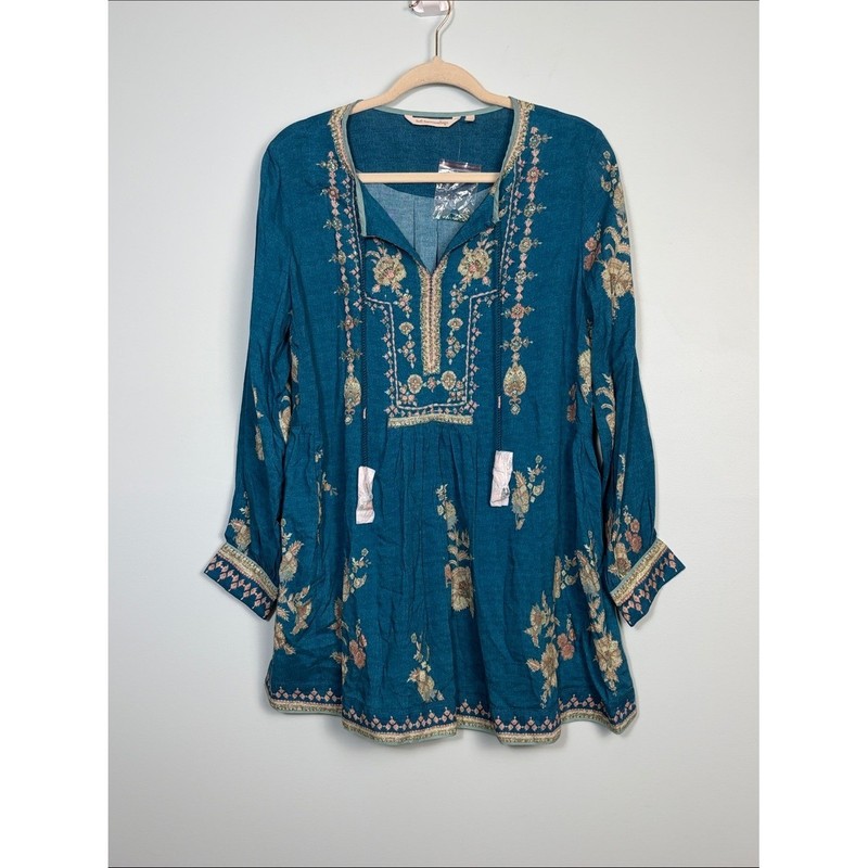 Soft Surroundings Blue Embroidered Boho Floral Tunic Top Women’s Size Small NWOT