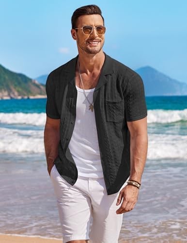 Coofandy Men's Knit Button Down Classic Solid Mens Shirt Short Sleeve Vintage gallery
