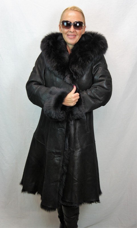 REAL 100% Sheepskin Shearling Leather Toscana Long Coat Hood DAKOTA BLACK XS-6XL gallery