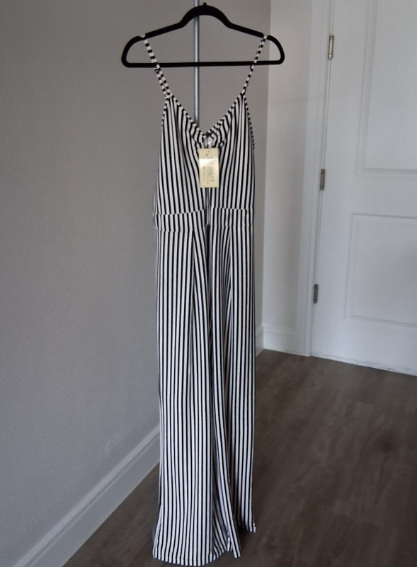 SAY WHAT Jumpsuit Womens Black White Striped Wide Leg Cut Resort Cami Romper Lg