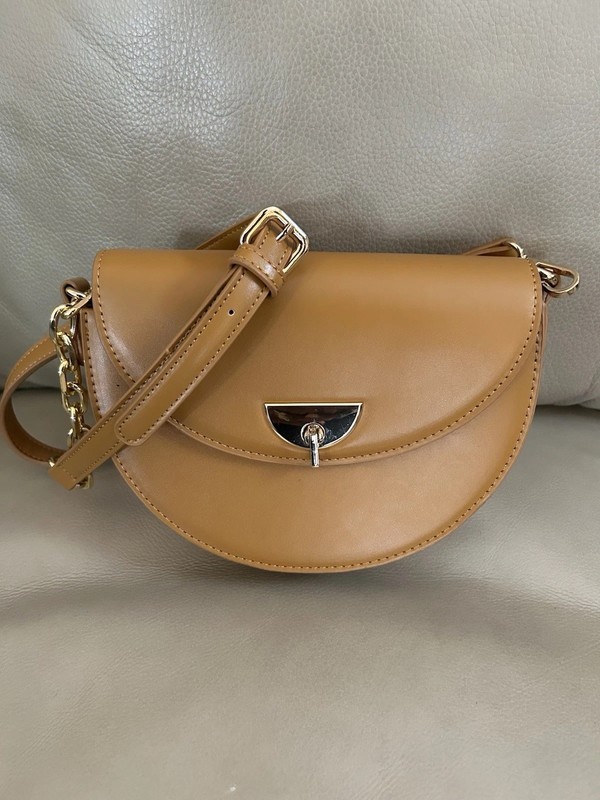Melie Bianco Brown Half Moon Crossbody Bag, Adjustable Strap, Chain, Zip