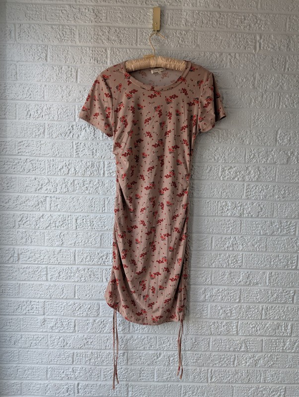 Common Stitch Floral Ruched Dress Short sleeve tan red mini adjustable side ties