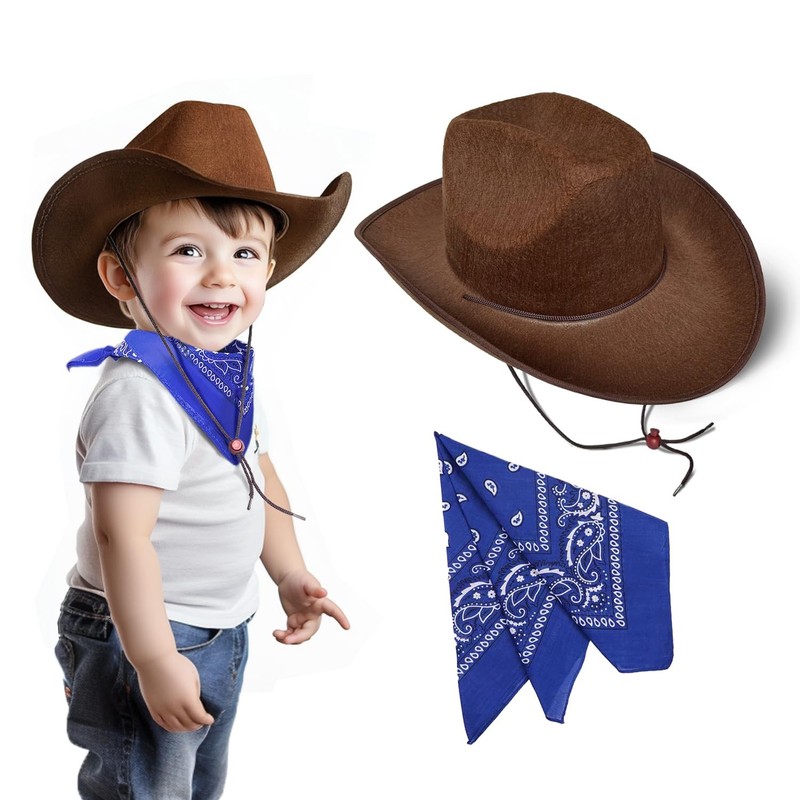 Toddler Cowboy Hat and Blue Bandana for Age 2-5 (Brown)