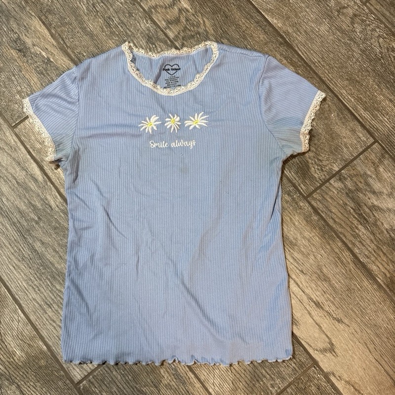 Pink Velvet Girls Blue Ribbed Stretch Lace Trim Daisy T-Shirt