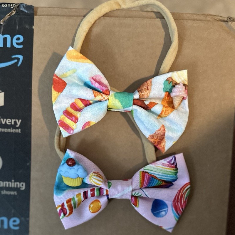 Girls Bow Hair Ties 2-Pack Multicolor Dessert Print Stretch Fabric Elastic