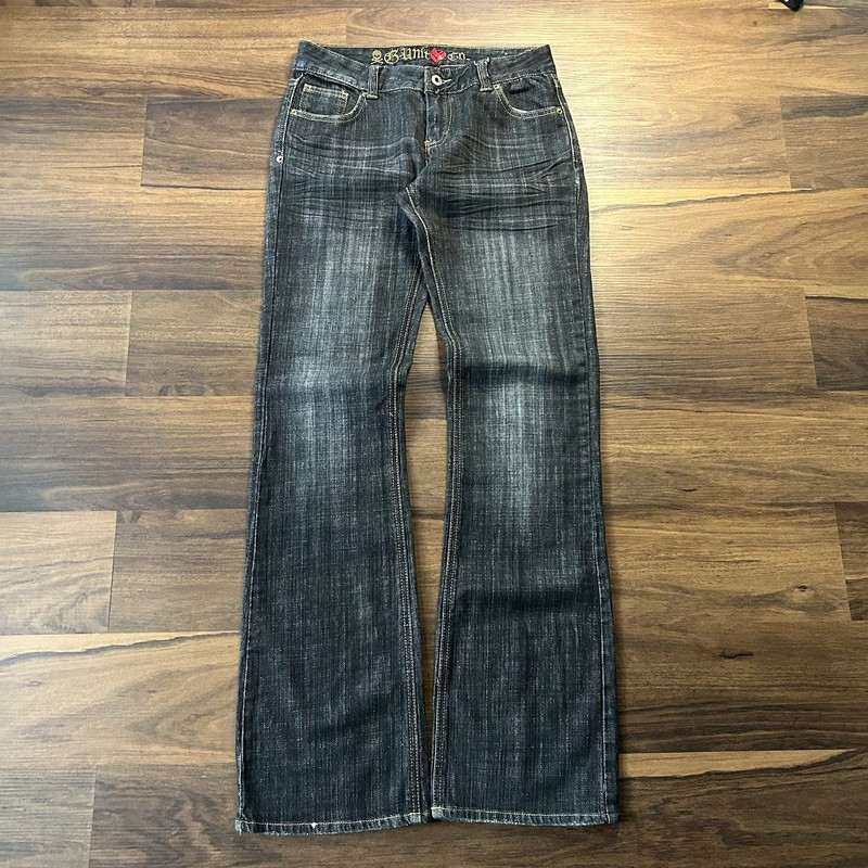 Y2K G Unit Women’s bootcut Jeans Black Dark Wash Denim Size 7 Embroidered patch