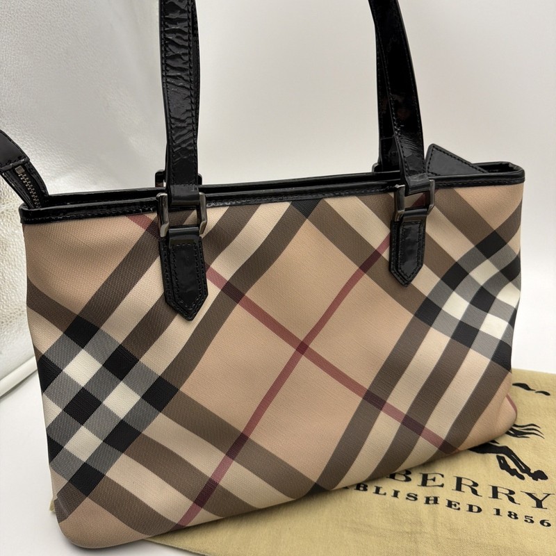 Burberry Super Nova Tote Check Plaid Black Patent Leather Shoulder Bag Purse