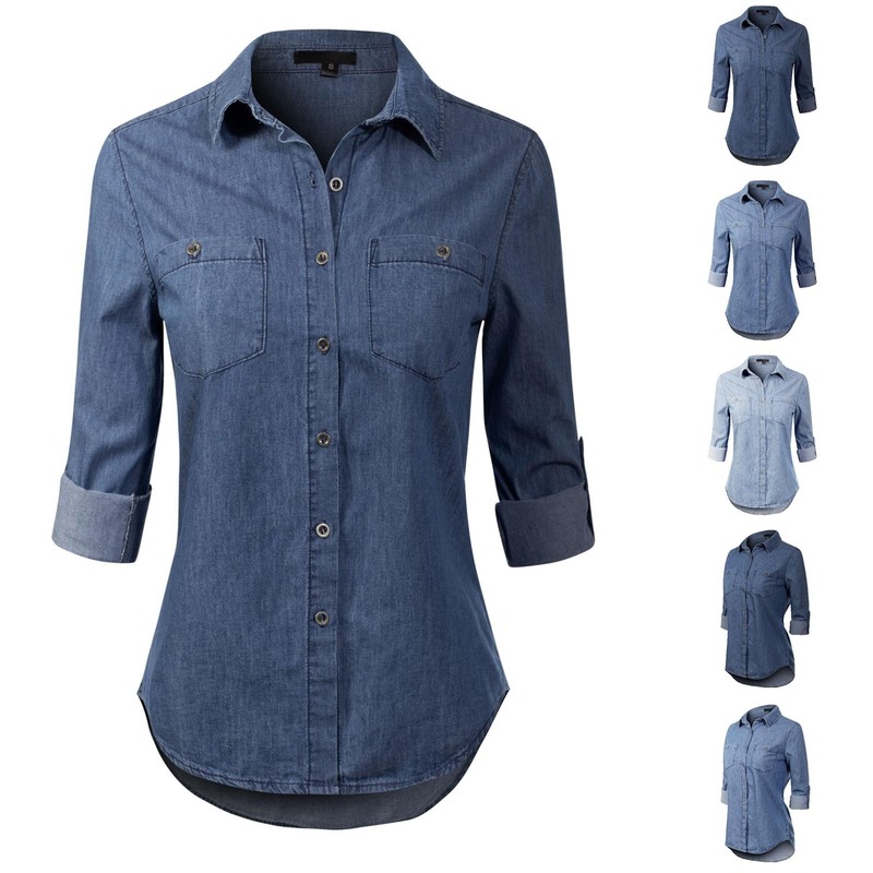 MixMatchy Basic Classic Long Sleeve Button Down Denim Jean Shirt