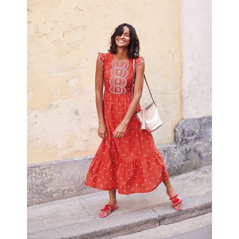 Boden Lucinda Broderie Dress Womens 6 Red Embroidered Maxi Ruffle Sleeve