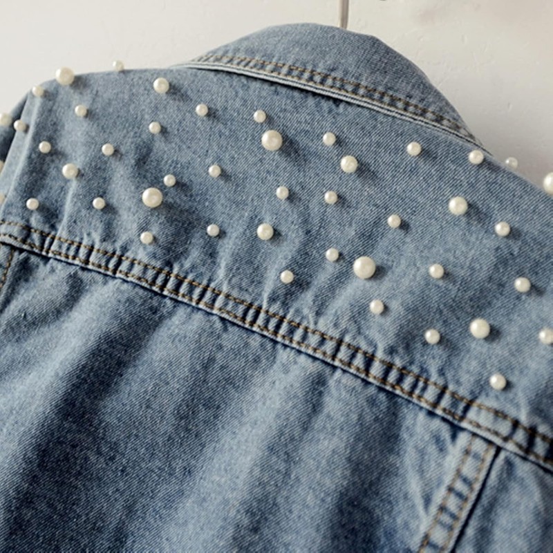 Oversize Pearl Embroidered Ripped Distressed Women Denim Jacket Casual Long Slee gallery
