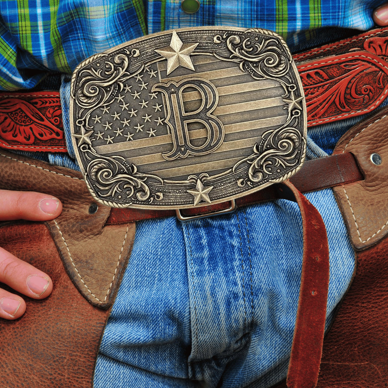Western Belt Buckle Men Initial Letter ABCDJRM to Z Rodeo Cowboy American Flag gallery