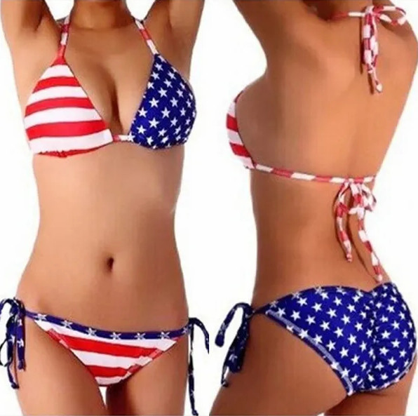 American Flag Print Halter Triangle Bikini Swimsuit – Sexy, 4th of July Party