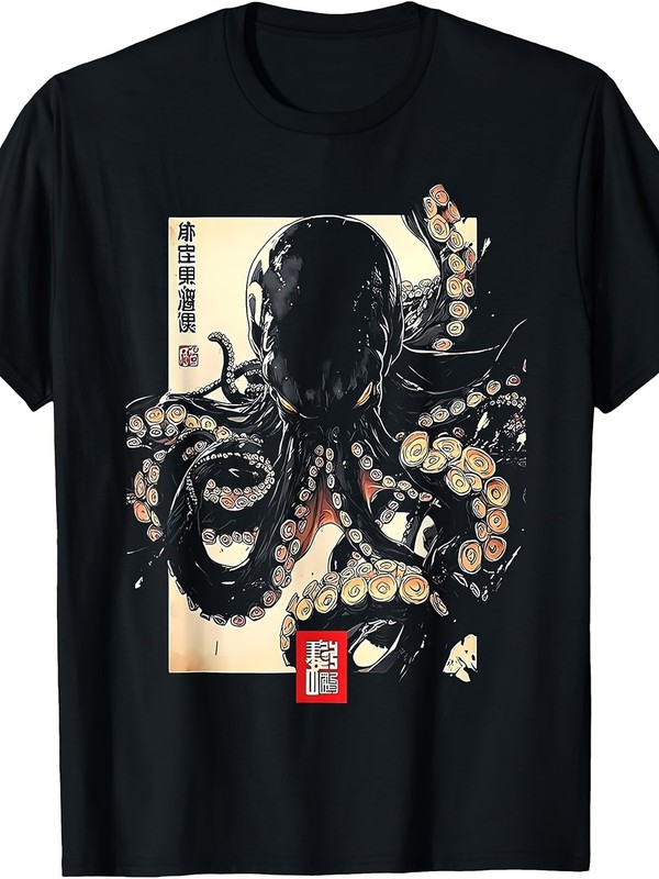 Japanese Octopus T Shirt Dark Art Print Graphic Streetwear Casual Tee Top