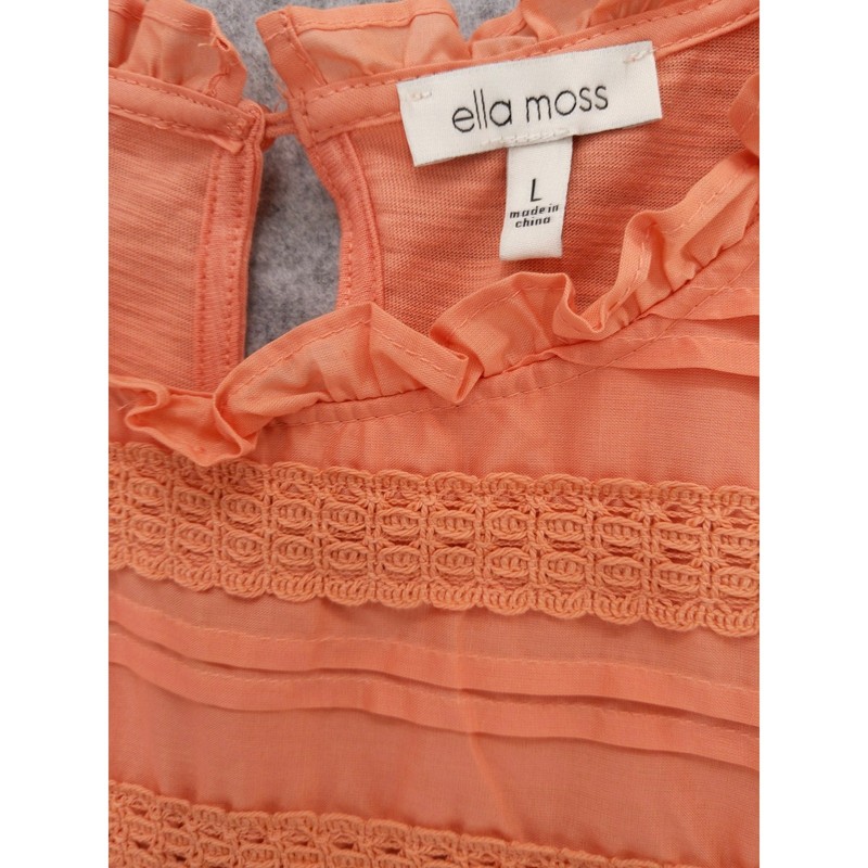 Ella Moss Ruffle Neck Top Crochet Trim Flutter Sleeve Blouse Coral Size L gallery